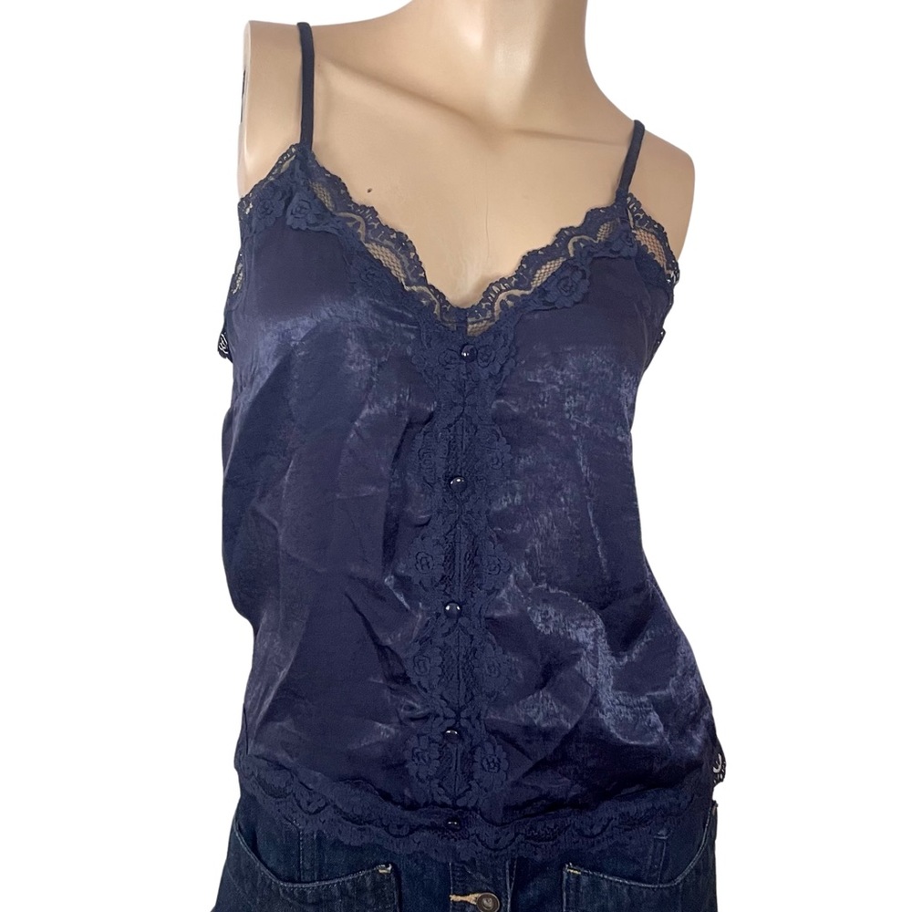 Aqua Navy Lace Trim Satin Camisole